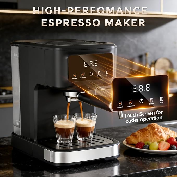Espresso Machine with Milk Frother, Compact Coffee Maker for Home, Cappuccino & Latte, 15 Bar Pump, Dual Stainless Steel Filters, LED Touch Screen, Removable Water Tank & Drip Tray
