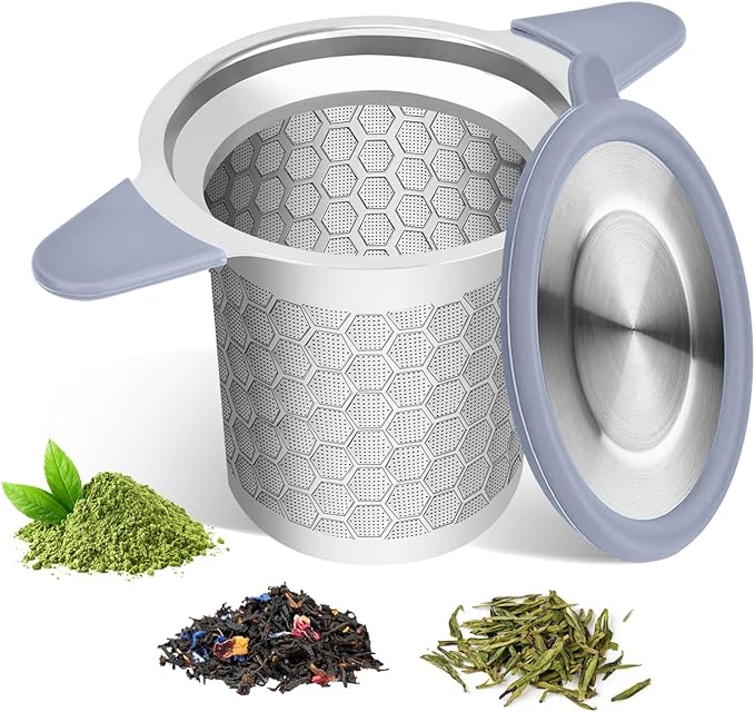 Tea Infuser for Loose Leaf Tea, Extra Fine 304 Stainless Steel Tea Strainer Stepper with Heat-Resistant Silicone Handles and Lid, Large Capacity Tea Basket Filter for Mug, Cup (Silver)