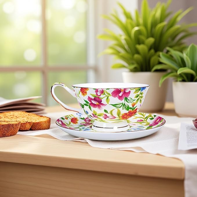 Tea cup and Saucer Set Royal Garden Style Tea Coffee Cup with Saucer 7 Ounces Bone China Teacup and saucer Set(White)