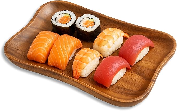 Woodard & Charles Acacia Wood Medium Pinched Serving Tray, for Charcutreie, Sushi, Dessert, Sandwiches and More, 9.5" x 6" x 0.75", 9.5" x 6"