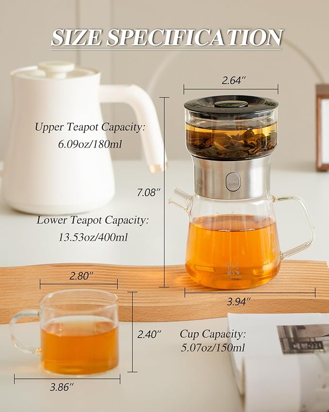 ZENS Modern Glass Tea Infuser Teapot Set, Smart One Touch Tea Maker for Loose Tea Diffusers with 2 Gongfu Cups, Cool Enchanted Tea Pot Alternatives for Black Tea Lovers Gifts-400ml