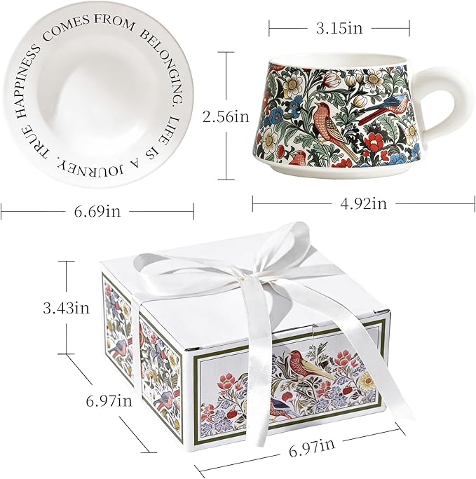 Ceramic Cup and Saucer Set, Luxurious Coffee/Tea Mug, Vintage Beautifully Printed Cups with Handle Practical Gifts for Women Housewarming/Birthday/New Year/Valentine's Day/Mother's Day, 8.8oz (White)