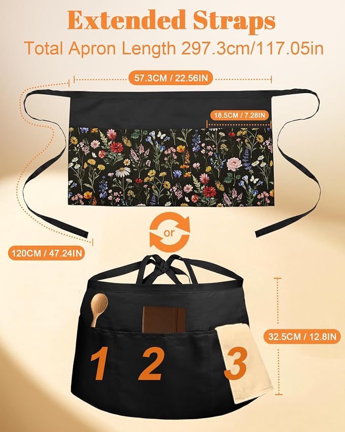 Slohif Reversible Server Apron 6 Pockets - Waist Apron for Waitress Women Half Serving Short Apron for Waiter - Image 2