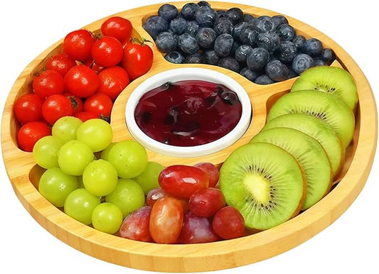 Divided Serving Dish Tray,7.9 in Round Bamboo Serving Trays,Wooden Candy Platters with 5 Compartments,Lazy Snack Trays for Home Decor,Parties, Events (1Pcs)