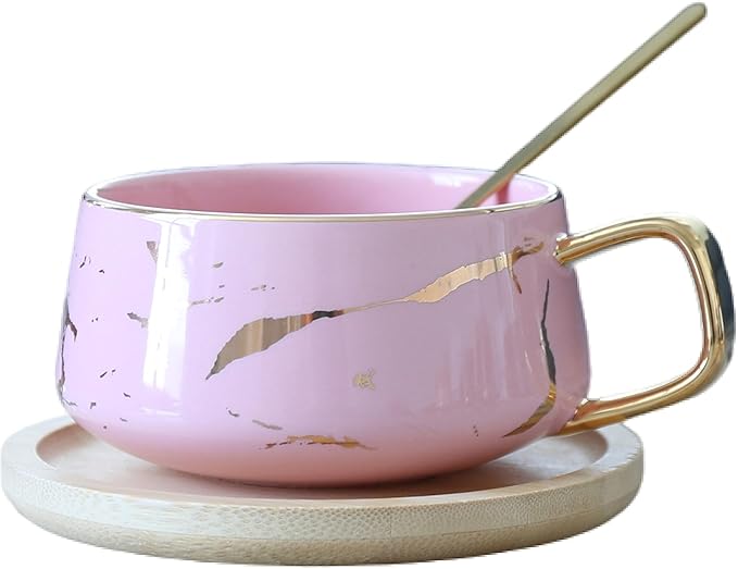YBK Tech Porcelain Tea Cup Coffee Mug Set for Afternoon Tea - Marble Pattern (Pink, Short 300ml + wood saucer)