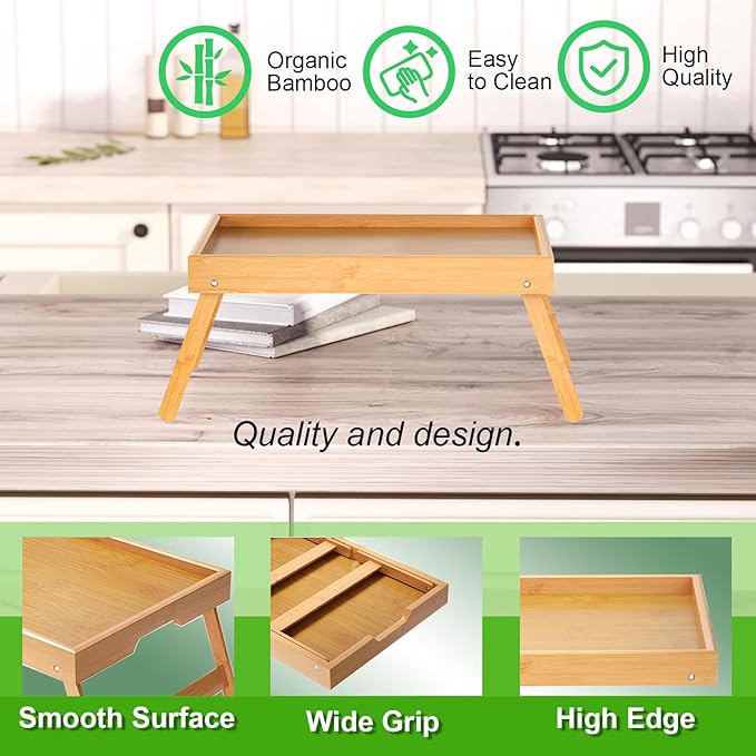 2 Pack Bamboo Bed Tray Table with Folding Legs,Breakfast Trays,Serving Tray for Food and Snack,Laptop Trays for Working(Natural)