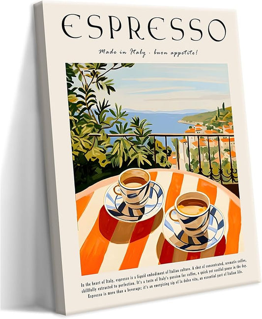 Vintage Espresso Kitchen Wall Art – Retro Italy Coffee Sign Canvas Prints – Framed Cozy Coffee Bar Wall Decor for Dining Room Kitchen Home Decoration – 16x24in