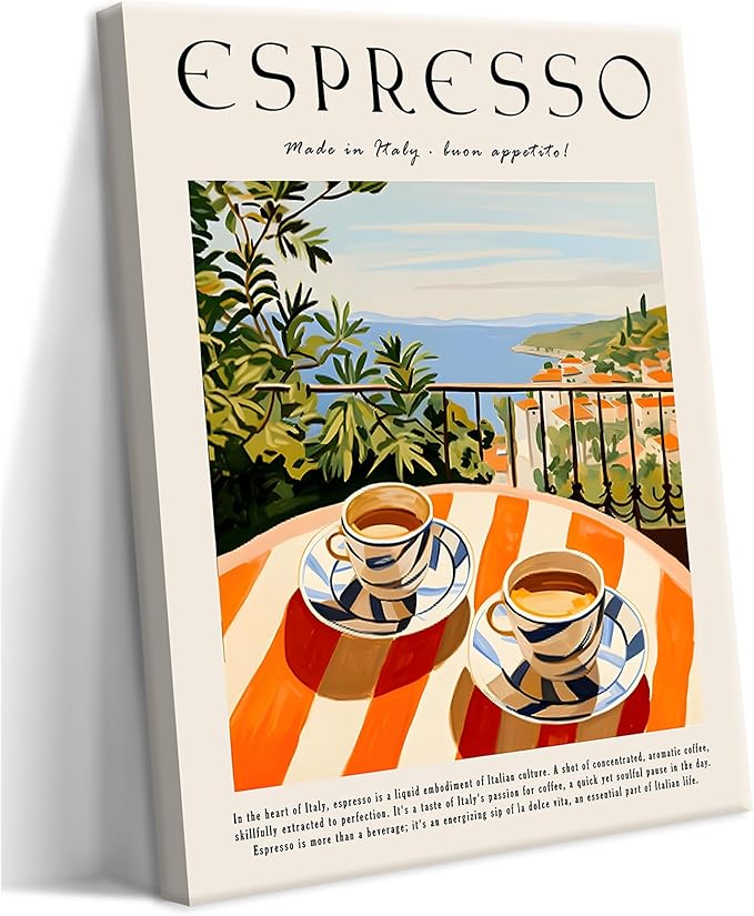 Vintage Espresso Kitchen Wall Art – Retro Italy Coffee Sign Canvas Prints – Framed Cozy Coffee Bar Wall Decor for Dining Room Kitchen Home Decoration – 12x16in