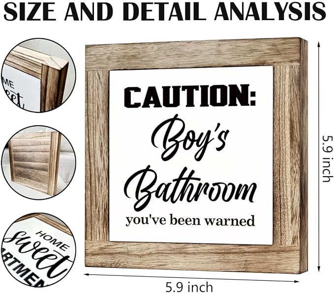 Funny Boys Bathroom Sign, Caution Boys Bathroom, Wooden Box Signs for Home Decor, Modern Farmhouse Bathrooms Decors Tabletop, Housewarming Decor, Bathrooms Box Sign B6-108 - Image 2