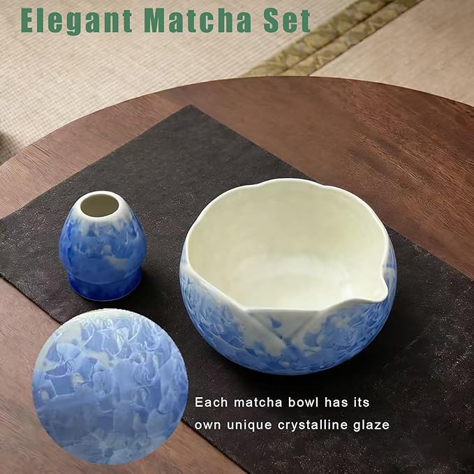 Matcha Set, 8Pcs Crystalline Glaze Ceramic Matcha Kit with Matcha Whisk, Holder, Scoop, Scoop Rest, Sifter, Spoon and Tea Towel - Thoughtful Matcha Whisk Set Gift for Matcha Lovers (Pink)(Blue)