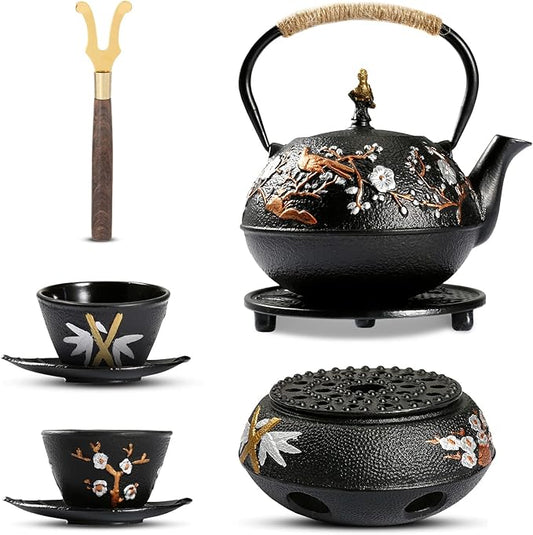 Dyna-Living Cast Iron Teapot with Warmer Japanese Tea Kettle 720ml/24.5oz Japanese Cast Iron Teapot Set with 2 Tea Cups Tea Pot with Infuser Tea Kettle for Wood Stove or Stovetop