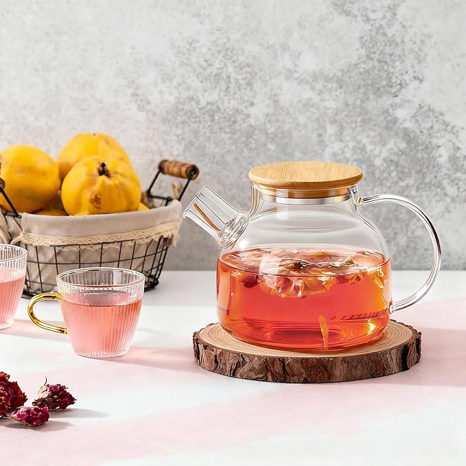 PARACITY Glass Teapot Stovetop 34oz/1000ml, Borosilicate Clear Tea Kettle with Removable 18/8 Stainless Steel Infuser,Glass Tea Kettle with Wooden Lid, Teapot for Loose Leaf Tea Fruit Tea Fragrant Tea