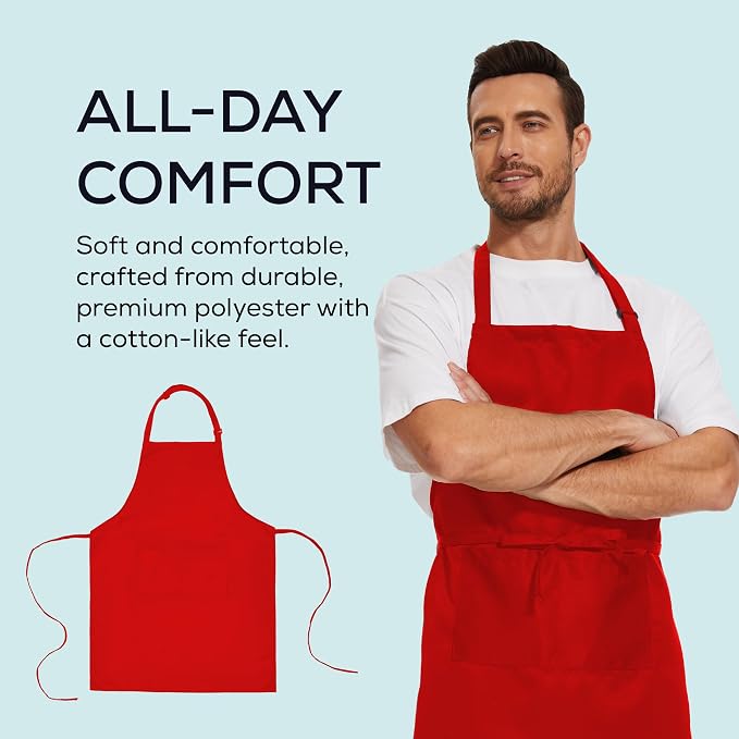 Will Well Kitchen 2 Pack Bib Apron For Men & Women with 2 Pockets - Red | Unisex 33'' x 27'' Oil & Water Resistant Soft Kitchen Chef Apron with Adjustable Neck Strap & 38'' Waist Ties for Snug Fit - Image 4