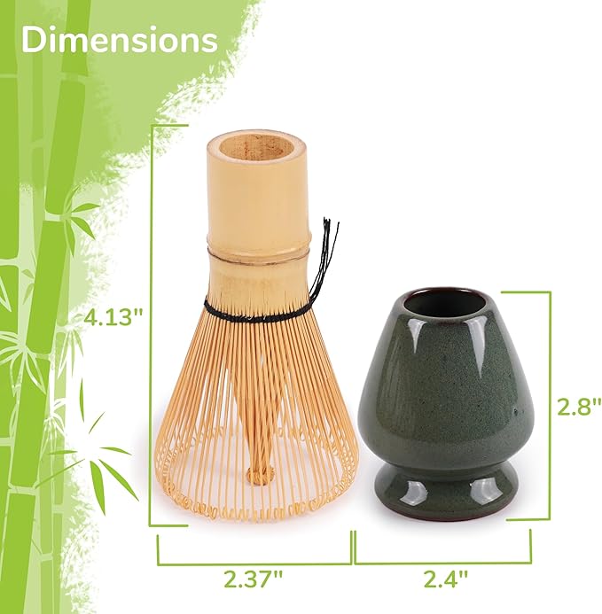 Matcha Tea Bamboo Whisk And Ceramic Rest 2 Piece Set - Green Floral Holder - 1 Set
