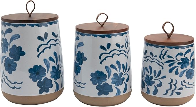 TTU Tabletops Gallery Ceramic Canister Collection- Stoneware Designed Kitchen Storage Acacia Wood White Set, 3 Piece Botanical Blue Canister Set