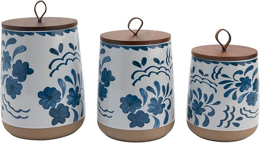 TTU Tabletops Gallery Ceramic Canister Collection- Stoneware Designed Kitchen Storage Acacia Wood White Set, 3 Piece Botanical Blue Canister Set