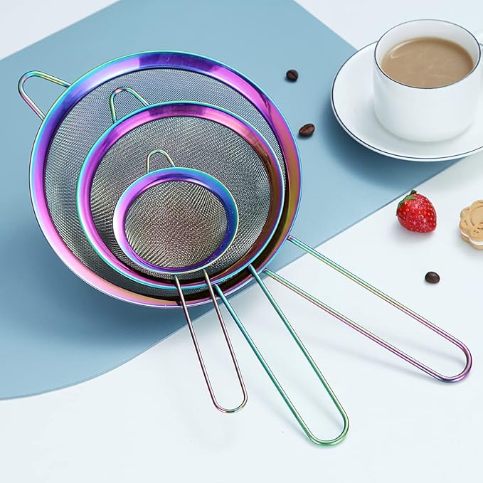 Kyraton Rainbow Fine Mesh Strainer 3 Pieces Set, Copper Flour Sifter For Baking, Stainless Steel Clander, Matcha Tea Strainer, Gravy Separator, Stasher Sieve Pasta Strainers