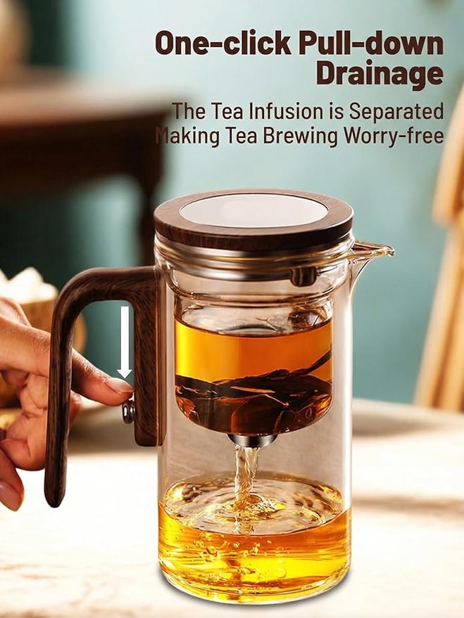 Tea Pot, Water Separation Glass Teapot with Wooden Handle, Magical Teapot, Glass Tea pot with Infuser Strainer, Magic Tea Pot (600ml)