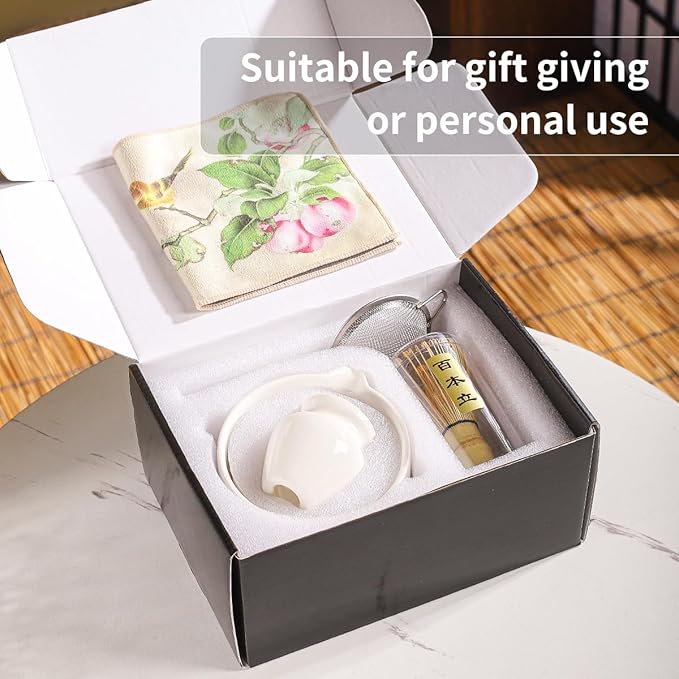 Matcha Set, 8-Piece Ceramic Matcha Bowl & Whisk Kit with Mushroom Pattern, Traditional Japanese Chawan, Bamboo Chasen, Scoop & Sifter, Gift for Tea Lovers, Zen Tea Ceremony Accessories (white)
