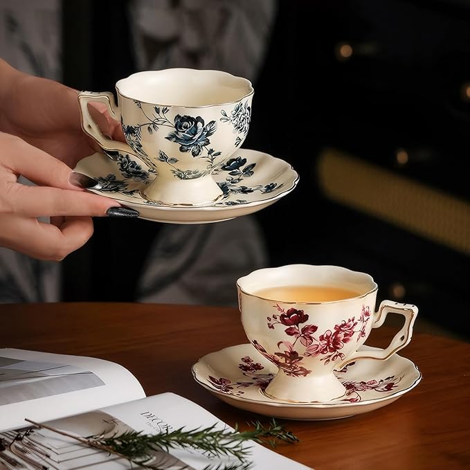 KAMMAK Tea Cups and Saucers Set of 2, Porcelain Coffee Cups, 6.8-Ounce Stackable Espresso Mugs, Ceramic Demitasse for Coffee, Latte, Americano, Tea, Blue Orchid