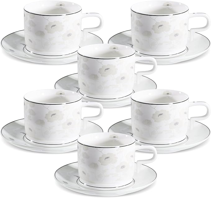 fanquare 7 Ounces Bone China Teacup and Saucer Set for 6, Silver Trimmed Peony Floral Porcelain Coffee Cup with Anti-Slip Design for Home Office Wedding