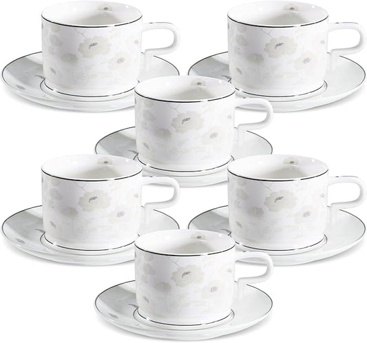 fanquare 7 Ounces Bone China Teacup and Saucer Set for 6, Silver Trimmed Peony Floral Porcelain Coffee Cup with Anti-Slip Design for Home Office Wedding