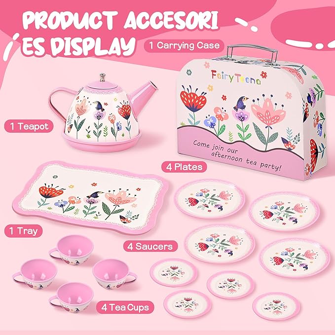 Floral Tea Party Set for Little Girls Ages 3-6, 15-Piece Pretend Play Kitchen Toys with Teapot, Cups, Plates & Storage Case, Princess Gift Set (Pink)