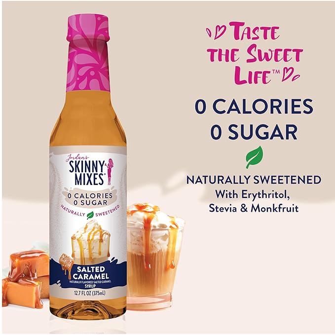 Jordan's Skinny Mixes Sugar Free Coffee Syrup,Salted Caramel Coffee Flavoring Syrup,Naturally Sweetened Zero Calorie Drink Mix,Lattes,Baking or Protein Shake,Dairy & Gluten Free,12.7 Fl Oz,(Pack of 2)