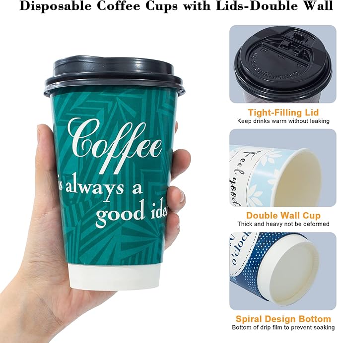 Disposable Coffee Cups with Lids 16 oz, 50 Pack Double-Walled Fun Designs, Insulated, Hot Beverage Paper Cups for Cold & Hot Drinks