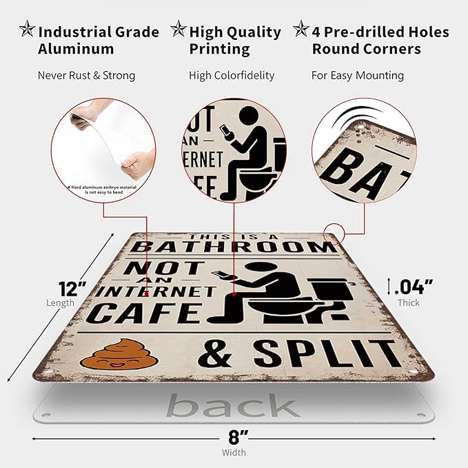 Vintage Metal Tin Sign 8X12inch-This Is A Bathroom Not An Internet Cafe & Split Wall Art Decor For Home Farmhouse Washroom Bathroom Gift