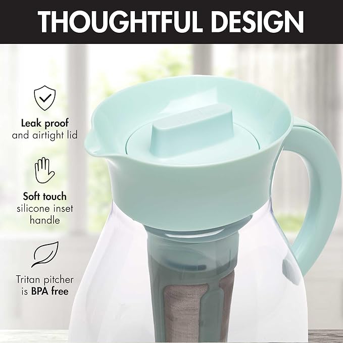 Primula The Big Iced Tea Maker and Infuser, Plastic Beverage Pitcher with Leak Proof, Airtight Lid, Fine Mesh Reusable Filter, Made without BPA, Dishwasher Safe, Aqua (Pack of 4)
