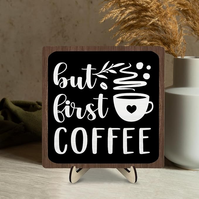 Vintage Coffee Bar Wooden Plaque Desk Sign, Farmhouse Wood Plaque Tabletop Decor for Cafe Bar Kitchen Office,Coffee Station Accessories 5.9x5.9Inch