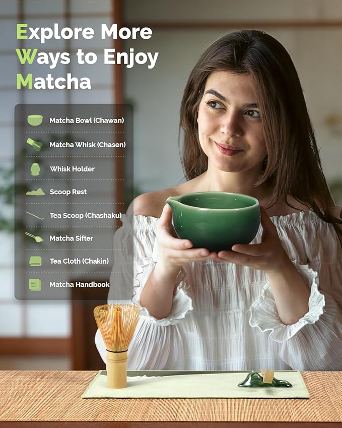 Maestri House Matcha Whisk Set, 7-Pc Complete Matcha Kit with Spouted Ceramic Bowl, Bamboo Whisk and Holder, Scoop, Spoon Rest & Sifter, Tea Cloth – Ideal Gift for Matcha Lovers (Emerald Kanso)