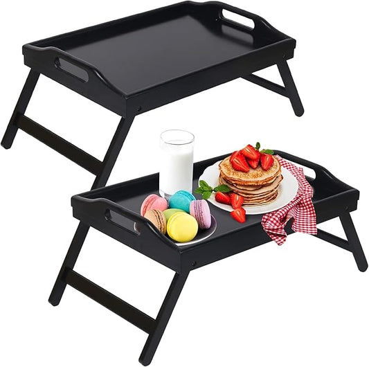 Artmeer Bed Tray Table with Foldable Legs,Bamboo Breakfast Tray with Handles Ideal for Sofa, Bed, Eating,Working,Used As Laptop Desk Snack Tray 2 Pack Black