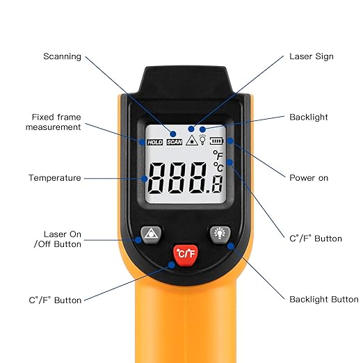 Laser Infrared Thermometer Non-Contact Digital Temperature Gun，-50°C to 400°C(-58°F to 752°F) IR Thermometer for Industrial,Kitchen Cooking,Ovens (Orange)