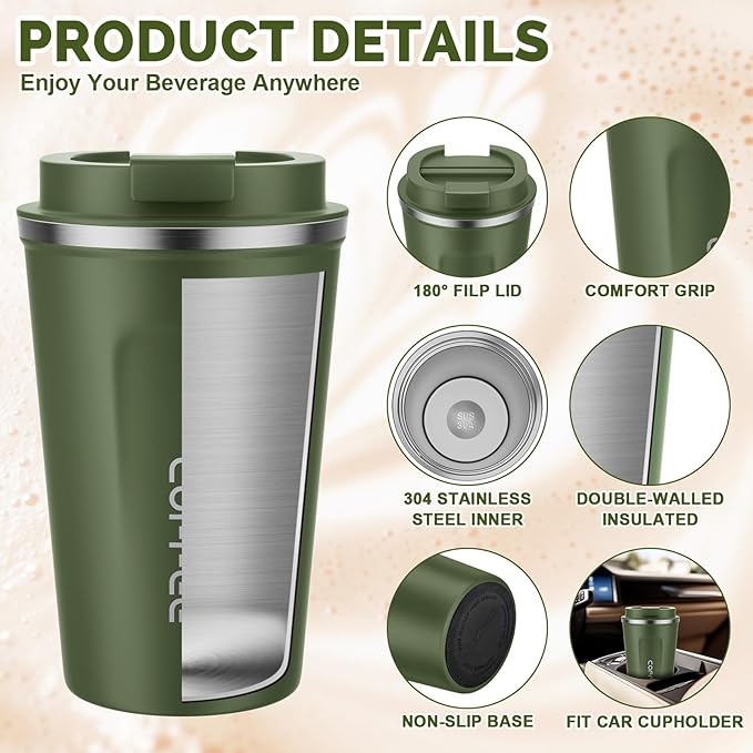 MOMSIV 12oz Travel Mug, Insulated Coffee Cup with Leakproof Lid, Vacuum Stainless Steel Double Walled Reusable Tumbler for Hot and Cold Water Coffee and Tea In Travel and Car Armygreen