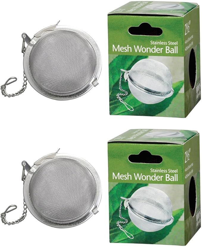 HIC Kitchen Mesh Ball Tea Infuser, 18/8 Stainless Steel Mesh, For Loose Leaf Tea and Mulling Spices, 2.5-Inch, Set of 2