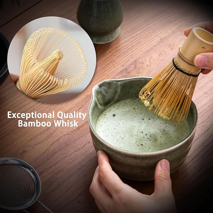 Matcha Set, Matcha Bowl with Spout, Matcha Whisk and Holder, Bamboo matcha Scoop and Stainless Sifter - 5 Pcs Jade Green Matcha Set Kit for Matcha Lover