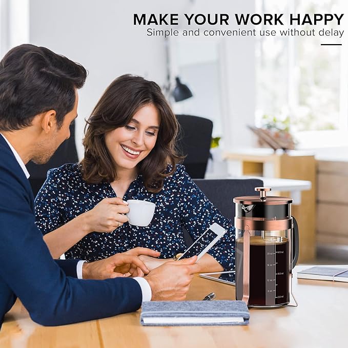 QUQIYSO French Press Coffee Maker 34oz 304 Stainless Steel with 4 Filter, Heat Resistant Durable, Easy to Clean, Borosilicate Glass Press, 100% BPA Free Teapot (Copper)
