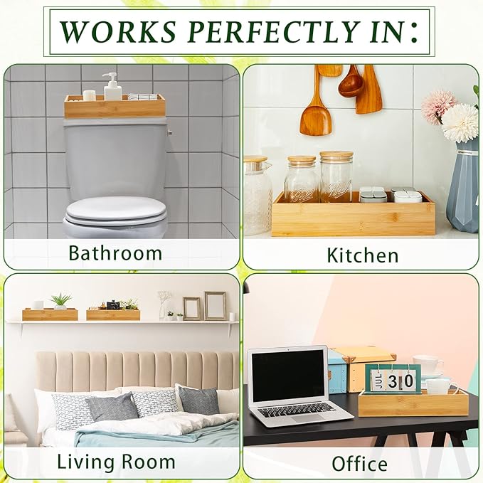 2 Pcs Wood Toilet Paper Basket Bamboo Toilet Paper Tank Topper Wooden Tray for Bathroom Bamboo Organizers and Storage with Handles Kitchen Box with 10 Pcs Silicone Non Slip Pad for Pantry