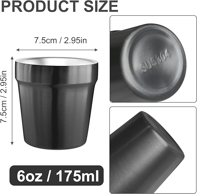 Youda Stainless Steel Double Walled Insulated Cups Stackable, 6oz Coffee Cup/Tea Cup/Chilling Beer Glasses, Great for Toddlers, for Travel, Outdoor, Camping&Everyday(Black)