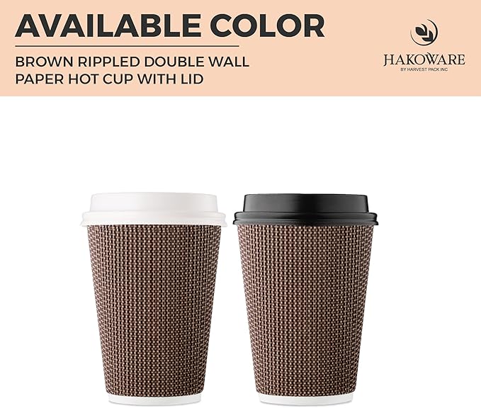 [1000 SET]Harvest Pack 12 oz Disposable Coffee Cups, Insulated Ripple Double-Walled Paper Cups with White Lids, Brown Geometric, Leak-Proof Drinking Cups for Tea Hot Chocolate Drinks To go coffee cups