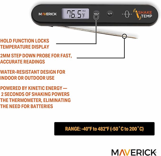 Maverick Shake Temp™ Instant Read Thermometer, Kinetic Energy Powered (No Batteries), Fast 2mm Step-Down Probe, Water-Resistant, Large LCD & Hold Function, for Grilling, Camping & Kitchen Use