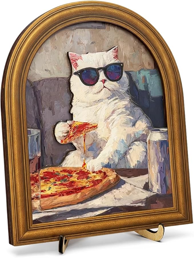 3D Funny Pizza Cat Wall Art Sign for Kitchen Decor, Cool Sunglasses Cat Portrait Decor, 8x10 Inch