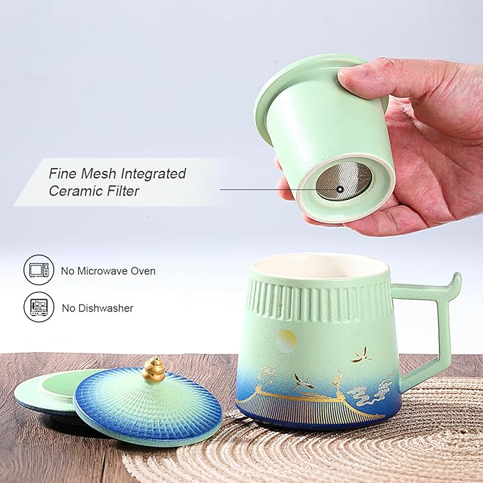 Tea Cup with Infuser and Lid,Loose Leaf Tea Steeper Cup 14.8oz Ceramic tea Infuser Mug Travel Large Steeping Cup Diffusers Mugs with Fine Strainer and Handle