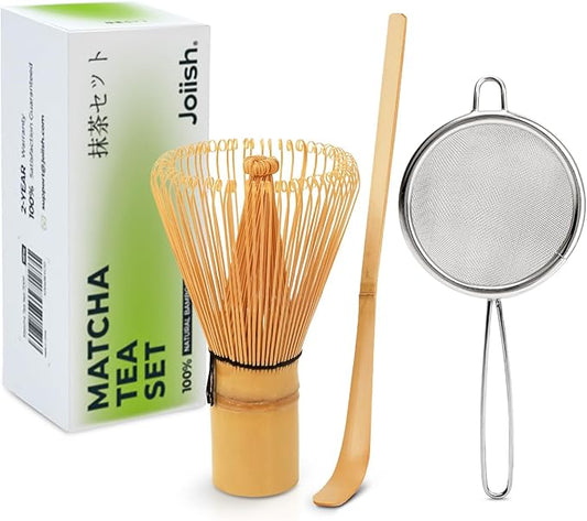 Matcha Whisk Set, Bamboo Whisk (Chasen), Scoop (Chashaku) & Stainless Steel Sifter, 3-PC Replacement Tool Kit for Matcha Tea Making
