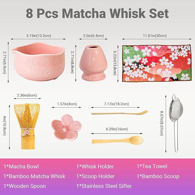 8 Pcs Matcha Set - Flower-shaped Matcha Bowl | Handcrafted Whisk and Holder | Bamboo Scoop and Spoon | Scoop Rest | Sifter and Tea Towel - Pink Matcha Set with Cherry Blossom Carved Patterns