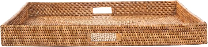 KOUBOO La Jolla Rattan Tray, Square Woven Tray - Decorative Coffee Table, Breakfast Tray, Home Decor, Serving & Basket Style, Extra Large, Honey-Brown