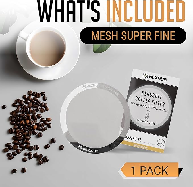 HEXNUB - Reusable Metal Filter for AeroPress XL Coffee Maker, Stainless Steel Filter Fits AeroPress XL Coffee Press, Fuller Bodied Coffee Than Paper Filters - SILVER MESH