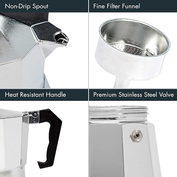 Primula Classic Stovetop Espresso and Coffee Maker, Moka Pot for Italian and Cuban Café Brewing, Greca Coffee Maker, Cafeteras, 3 Espresso Cups, Silver